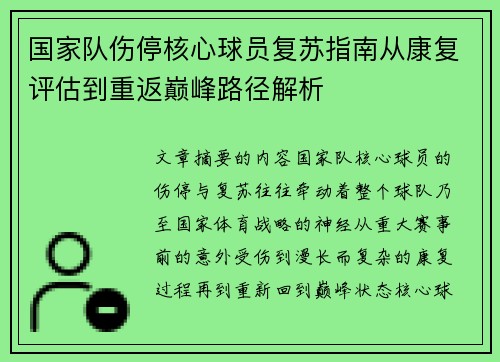 国家队伤停核心球员复苏指南从康复评估到重返巅峰路径解析 国家队伤停核心球员复苏指南从康复评估到重返巅峰路径解析